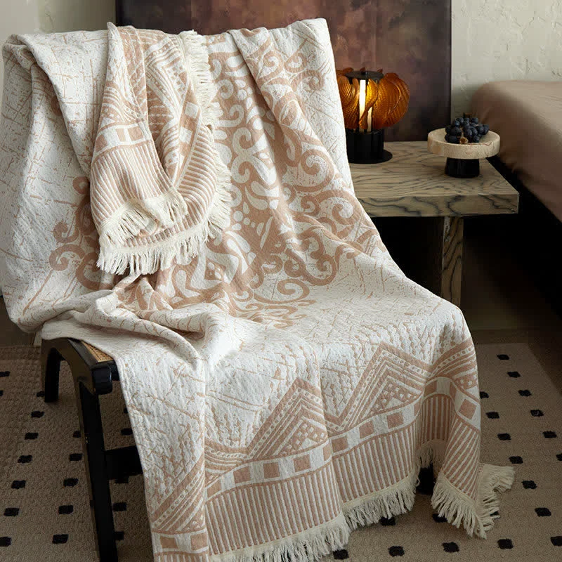 Fine Crafted Ownkoti Tribal Geometric Cotton Gauze Tassel Blanket Fine