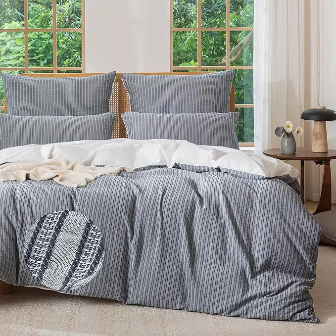 Luxury MILDLY Jacquard Stripe Duvet Cover – Washed Cotton Charcoal Boho Textured Comforter Cover Set with Zipper Closure 90 quot x90 quot Next-Generation