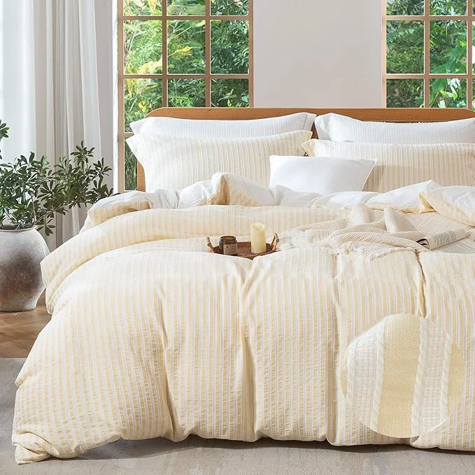Superior MILDLY Yellow Striped Duvet Cover – Washed Cotton Jacquard Boho Textured Comforter Cover 3pcs with Corner Ties Zipper Closure 104 quot x90 quot Detailed