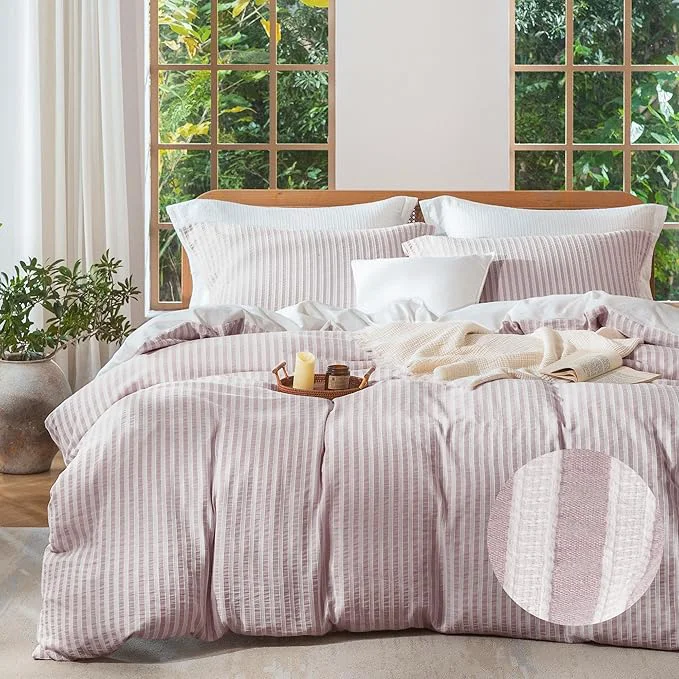 User-Friendly MILDLY Pale Mauve Striped Duvet Cover – Washed Cotton Jacquard Textured Comforter Cover with Dual Zipper Closure amp 8 Coner Ties Selected