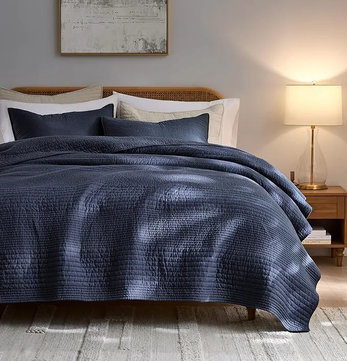 Safe palassio Striped Navy Blue Cotton Quilt Twin Size Bedding Sets Lightweight Crinkly Channel Pick Stitch Textured Bedspread Soft Shabby Chic Farmhouse Country Coverlet for All Season 1 Sham Genuine