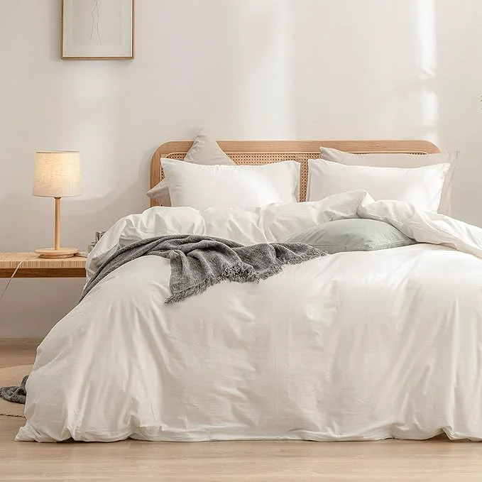 Excellent OUCH Duvet Cover Set Washed Cotton Linen Feel Super Soft Comfortable Chic Lightweight 3 PCs Home Bedding Set Solid Off White Queen Natural