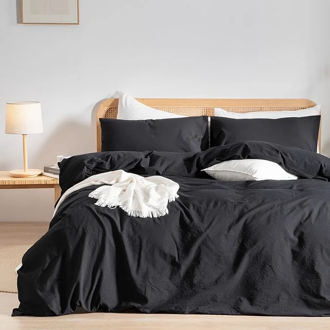 Practical OUCH Duvet Cover Set Washed Cotton Linen Feel Super Soft Comfortable Chic Lightweight 3 PCs Home Bedding Set Solid Deep Black Cal King Next-Generation