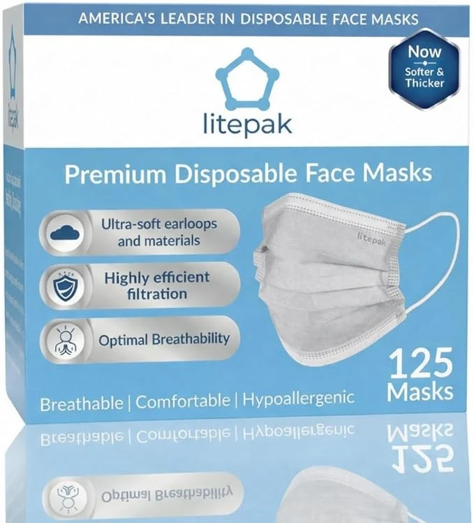 Healthy Litepak 125-Pack Disposable Face Mask Premium Comfort Earloops Smooth