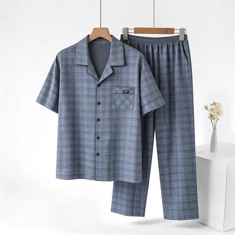 Fashionable Ownkoti Cotton Blue-Gray Plaid Button Loungewear Set Premium Material