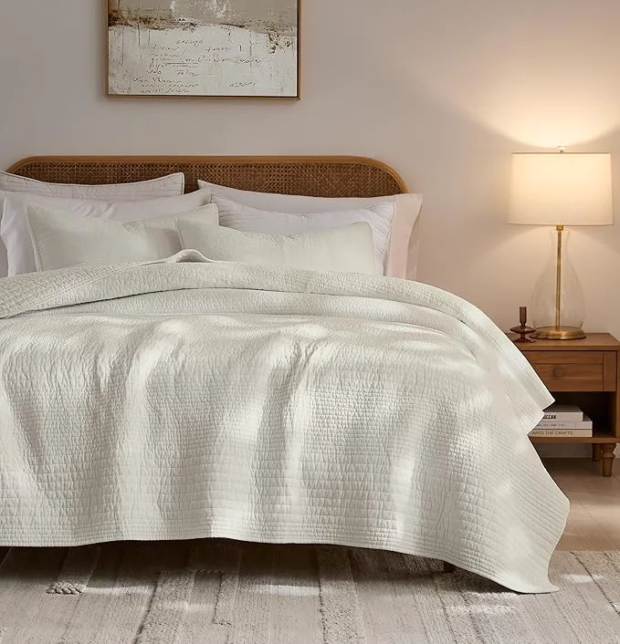 Selected palassio Striped Beige Cotton Quilt California Cal King Size Bedding Sets Oversized Lightweight Channel Pick Stitch Textured Bedspread Soft Farmhouse Country Coverlet for All Season 2 Shams Efficient