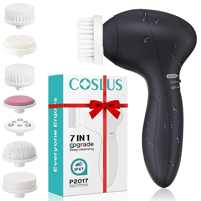 Long-Lasting COSLUS Facial Cleansing Brush Silicone Face Scrubber 7 in 1 FBS-D Electric Functional