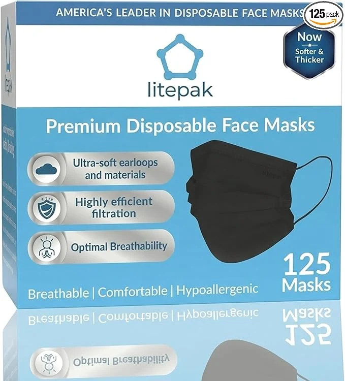 Top-Quality Litepak 125-Pack Disposable Face Mask Premium Comfort Earloops High-End