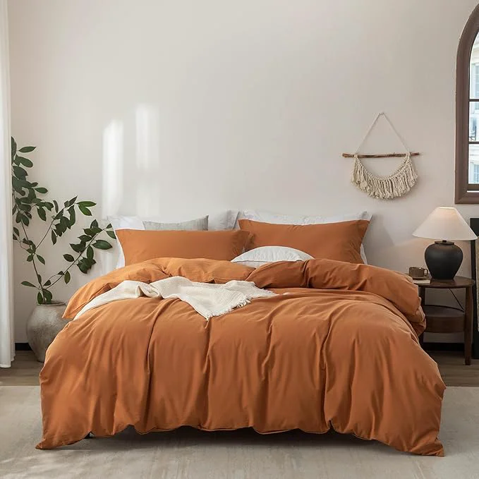Responsible Linen Feel Duvet Cover King Size 104inch x 90inch Washed Cotton Duvet Cover with Zipper Closure and 2 Pillowcases Color of Burnt Orange Enhanced