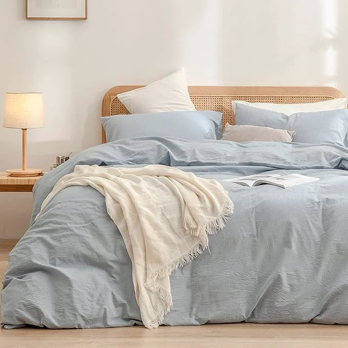 Solid OUCH Duvet Cover Set Washed Cotton Linen Feel Super Soft Comfortable Chic Lightweight 3 PCs Home Bedding Set Cornflower Blue King Optimized