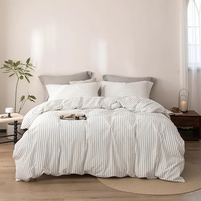 Prestigious Stripe Duvet Cover King Size 104inch x 90inch Washed Cotton Linen Feel Duvet Cover Pinstripe Duvet Cover with Zipper Closure and 2 Pillowcases Color of White-Dark Grey Stripe Premium Material