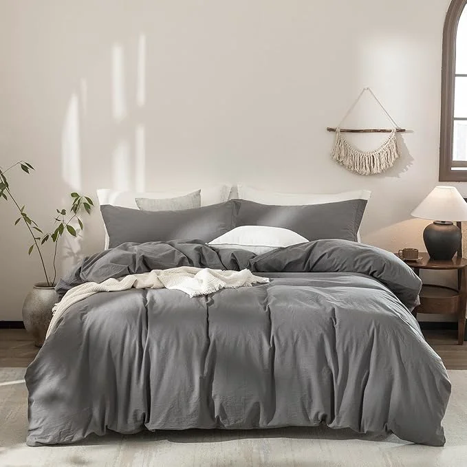 Original Design Dark Grey Duvet Cover California King Size Bedding Set Cover Washed Cotton Duvet Cover with Zipper Closure and 2 Pillowcases 104inch x 98inch Breathable