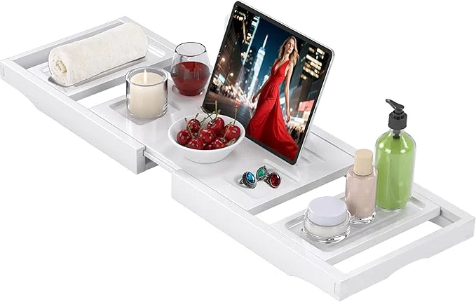 Next-Generation Bathtub Tray Caddy Premium Bamboo Expandable Bath Tub Trays Table Foldable Lightweight