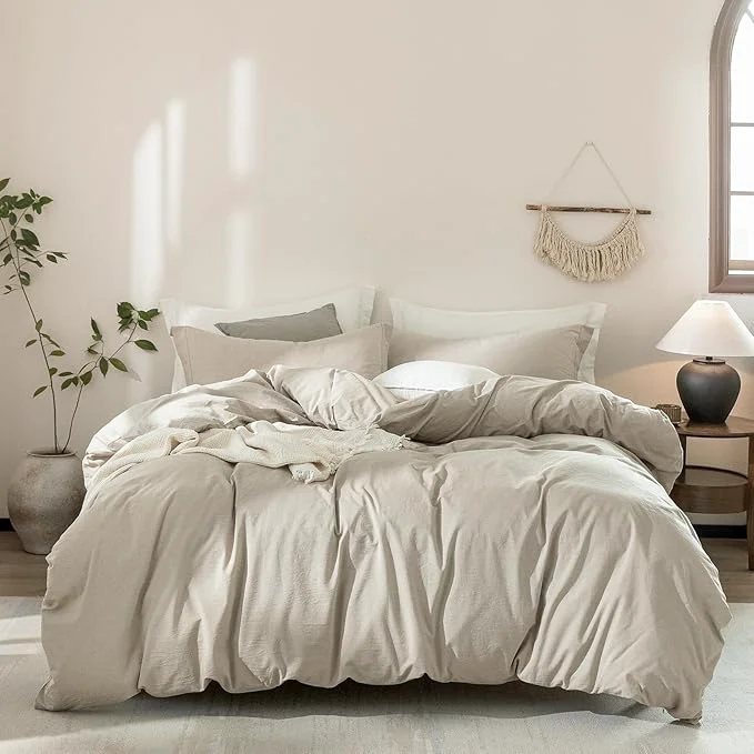 Enhanced Linen Grey Duvet Cover Queen Size 90inch x 90inch Washed Cotton Duvet Cover with Zipper Closure and 2 Pillowcases Color of New Nature Linen Healthy