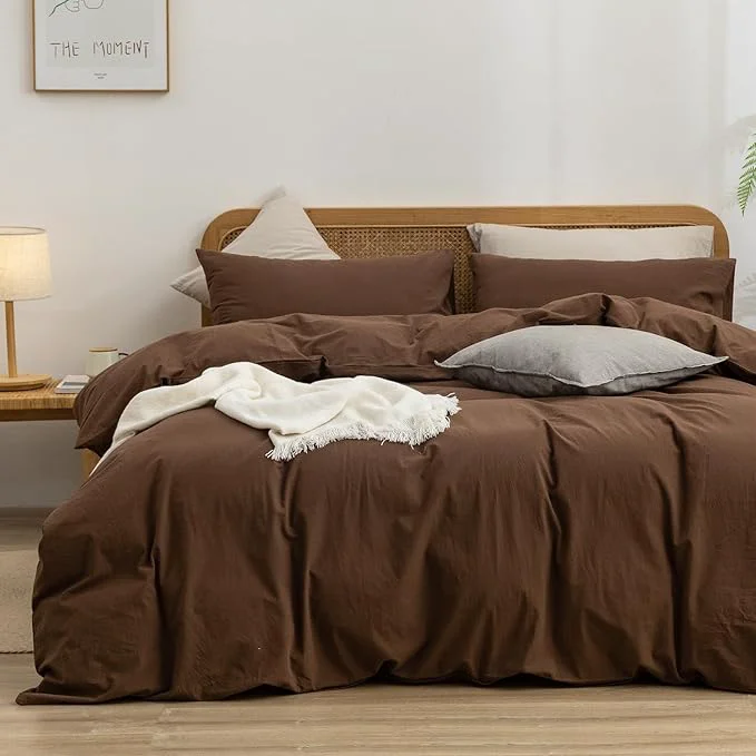 Exceptional OUCH Duvet Cover Set Washed Cotton Linen Feel Super Soft Comfortable Chic Lightweight 3 PCs Home Bedding Set Solid Cocoa Brown King Organic