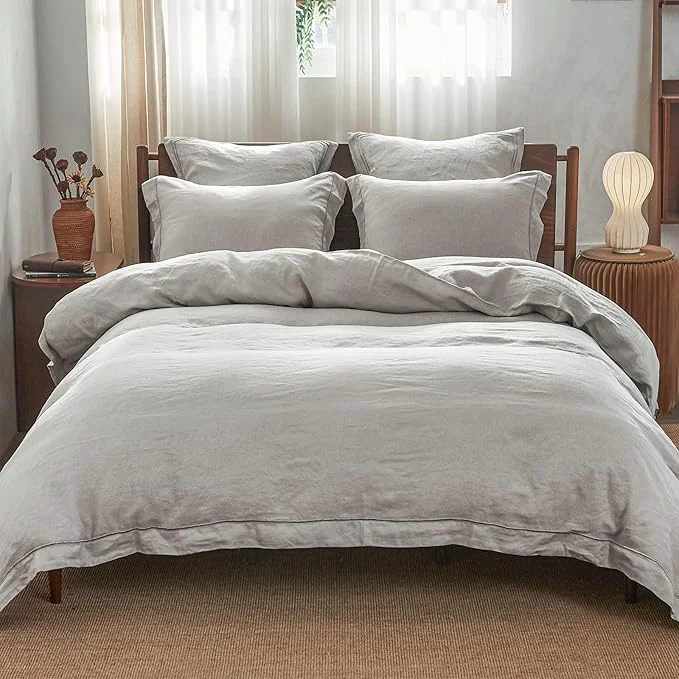 Modern Simple amp Opulence Linen Duvet Cover Set with Embroidery Border Washed – 2 Pieces 1 Duvet Cover amp 1 Pillow Sham with Button Closure Soft Breathable Farmhouse – Light Grey Twin Size Durable