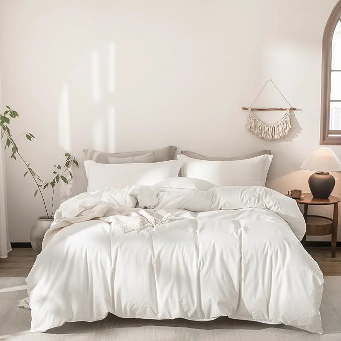 Clean Linen Feel Duvet Cover Super King Size 108inch x 98inch Washed Cotton Duvet Cover with Zipper Closure and 2 Pillowcases Color of Off White Safe