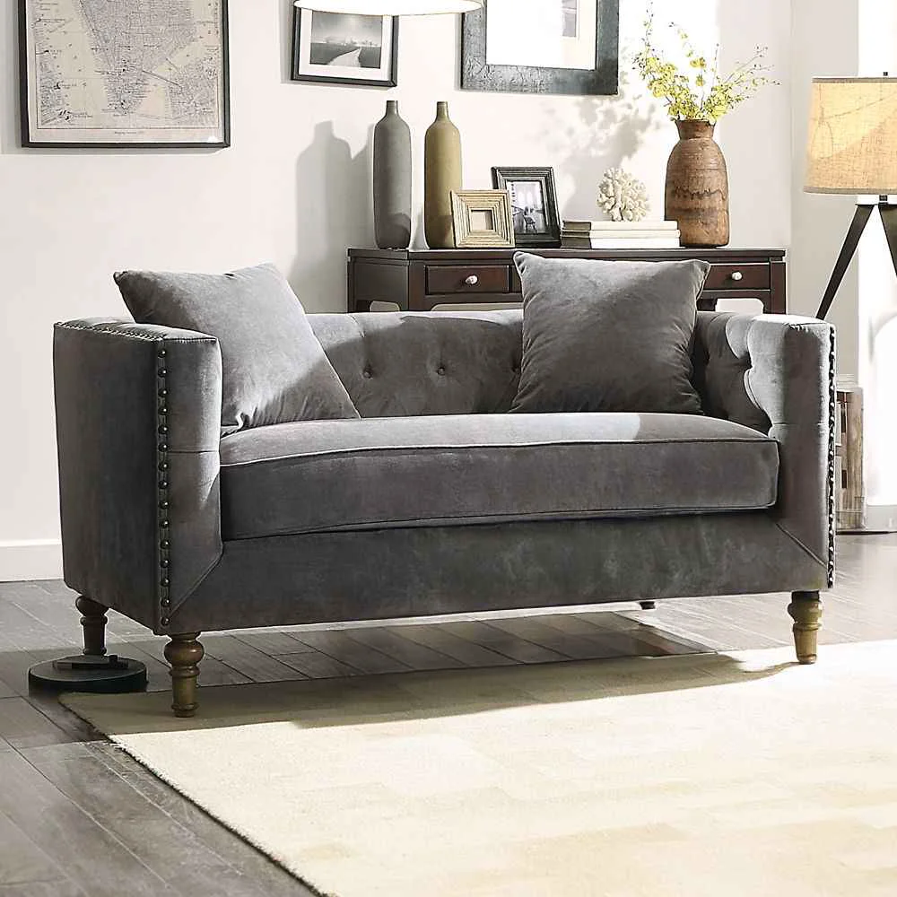 Verified Sidonia – Loveseat With 2 Pillows – Gray Velvet Long-Lasting