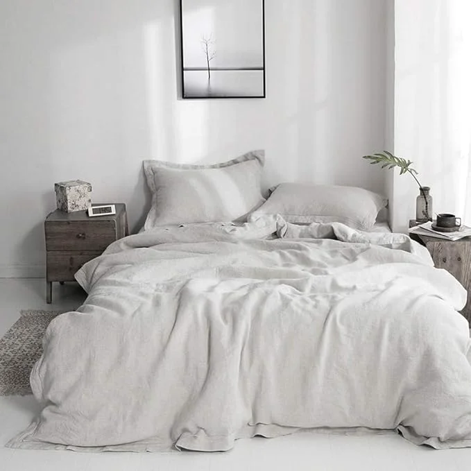 Fashionable Simple amp Opulence Linen Duvet Cover Set with Embroidery Border Washed – 3 Pieces 1 Duvet Cover with 2 Pillow Shams with Button Closure Soft Breathable Farmhouse – Light Grey Queen Size Contemporary