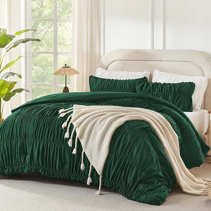Fast Andency Ruched Dark Emerald Green Twin Size Comforter Sets Shabby Chic Pleated Bedding Sets 2 Pieces Lightweight Soft Boho Ruffle Bed Set for Girls Kids Women All Season Exclusive