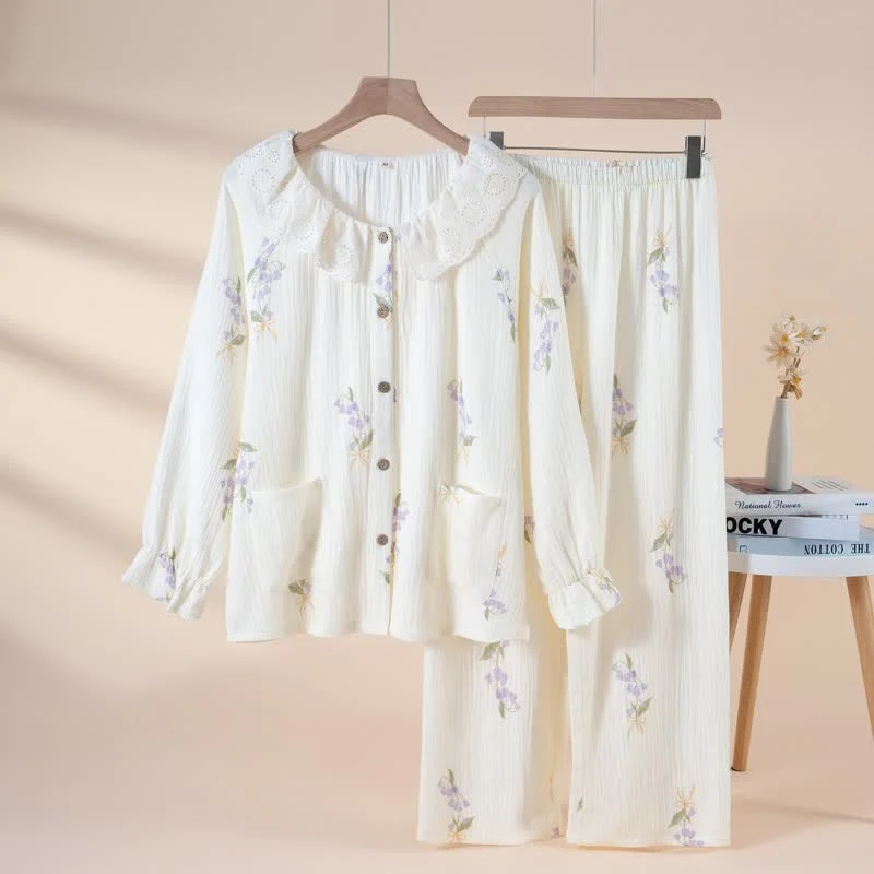 Organic Ownkoti Purple Floral Cotton Gauze Ruffle Pajamas Fine
