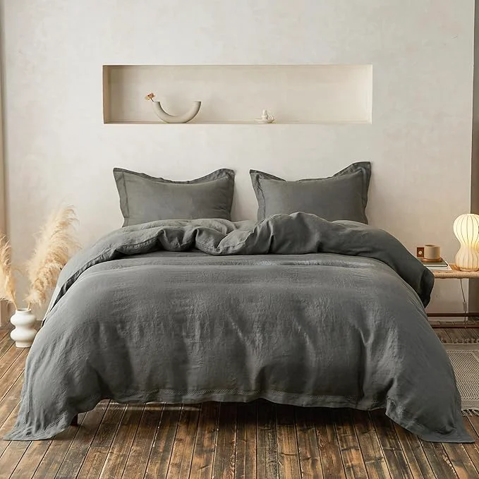 Genuine Simple amp Opulence Linen Duvet Cover Set with Crossed Embroidery Washed – 3 Pieces 1 Duvet Cover with 2 Pillow Shams Soft Breathable Farmhouse – Cushing Green Queen Size Top-Quality