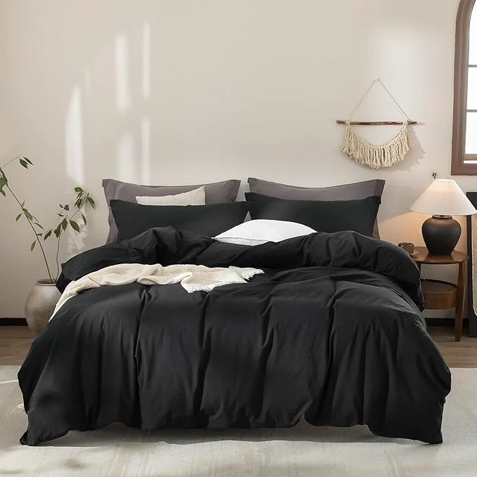 Modern Black Duvet Cover Super King Size Washed Cotton Bedding Set Cover 1 Duvet Cover with Zipper Closure and 2 Pillowcases 108inch x 98inch Authentic