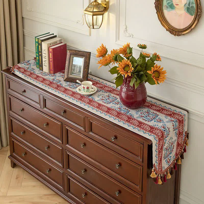 Detailed Ownkoti Traditional Damask Table Runner with Tassels Reliable