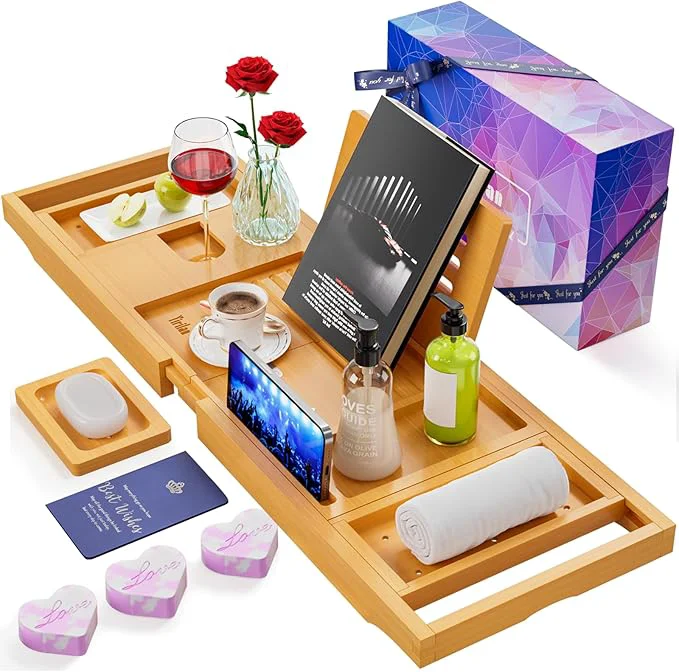 High-Quality Wood Color Foldable Bamboo Bathtub Caddy Bathtub Tray Can Place Wine Practical