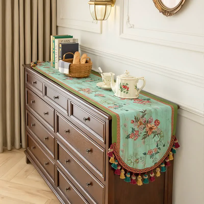 Convenient Ownkoti Vintage Green Floral Tassel Table Runner Superior