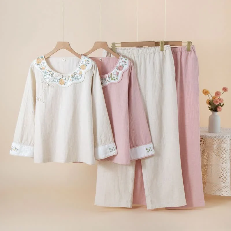 Quality Ownkoti Floral Embroidered Cotton Linen Women 39 s Pajamas Fine