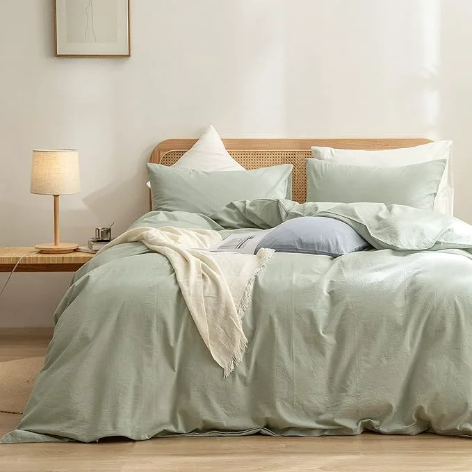 Specialty OUCH Duvet Cover Set Washed Cotton Linen Feel Super Soft Comfortable Chic Lightweight 3 PCs Home Bedding Set Sage Green Queen Classic