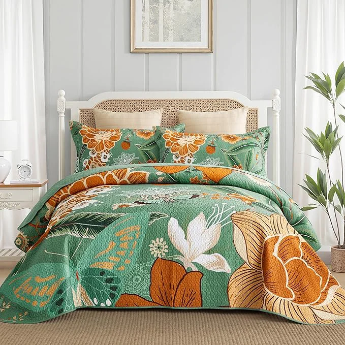 Soft 3 Piece Sage Green Boho Floral Californial King Quilt Sets Farmhouse Botanical Reversible Lightweight Bedspread with 2 Shams Butterfly Microfiber Bedding Quilts Set for All Season 118 39 39 x106 39 39