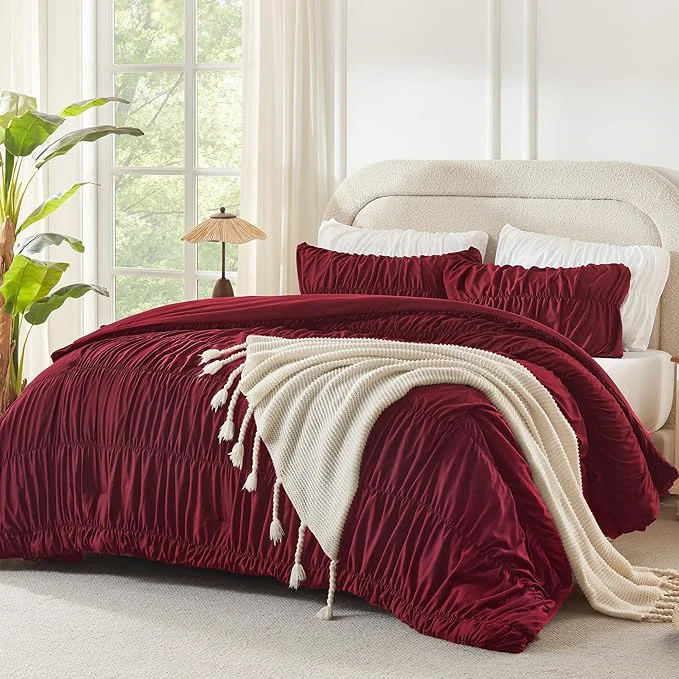 Durable Andency Ruched Burgundy King Size Comforter Set Shabby Chic Pleated Bedding Sets 3 Pieces Lightweight Soft Boho Ruffle Bed Set for Girls Kids Women All Season High-Quality