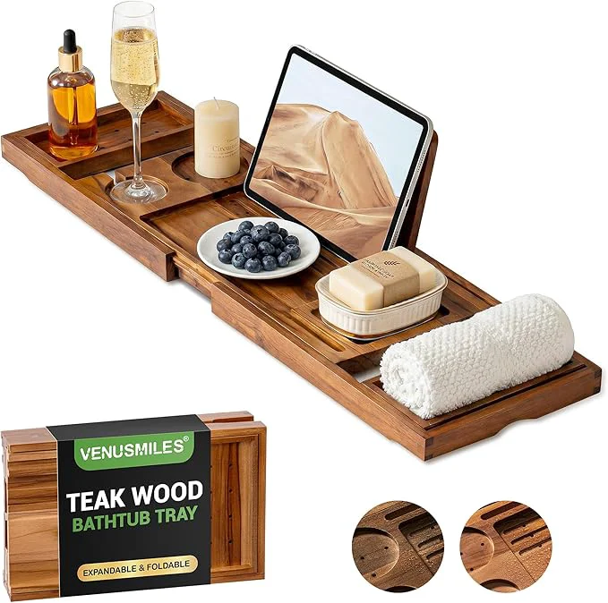 Professional Venusmiles Teak Bathtub Tray Caddy Foldable Bath Tray Elite