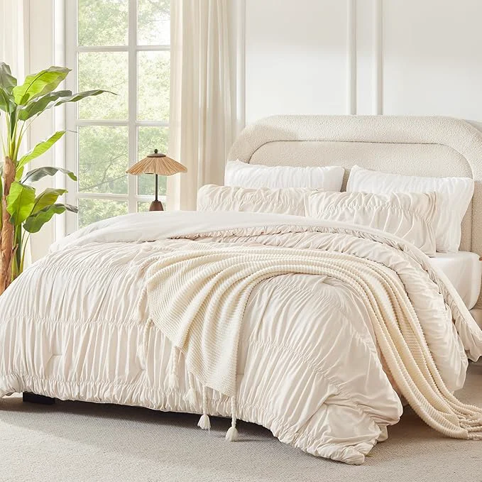 Efficient Andency Ruched Beige Queen Comforter Set Shabby Chic Pleated Bedding Sets 3 Pieces Lightweight Soft Boho Ruffle Bed Set for Girls Kids Women All Season Excellent