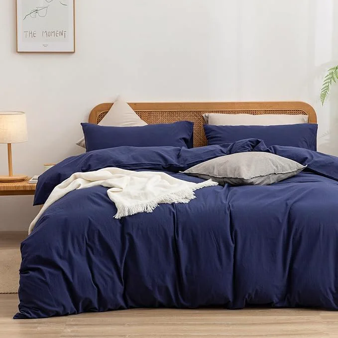 Proven OUCH Duvet Cover Set Washed Cotton Linen Feel Super Soft Comfortable Chic Lightweight 3 PCs Home Bedding Set Solid Navy Blue Super King Plus Trendy