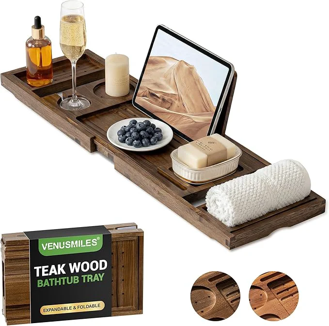 Exclusive Venusmiles Teak Bathtub Tray Caddy Foldable Bath Tray Authentic