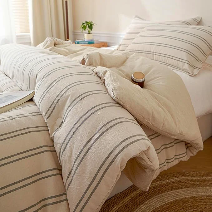 Original Cyusri Cotton Stripe Twin Comforter Set – Soft Lightweight Bedding 2 Pieces Dyed Bed Set with 1 Pillow Shams Reversible All Season Farmhouse Down Twin Size 68 quot x90 quot Beige Selected