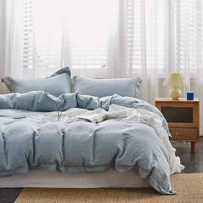 Premium Simple amp Opulence French Flax Linen Duvet Cover Set with Embroidery Washed – 3 Pieces 1 Duvet Cover with 2 Pillow Shams with Button Closure Soft Breathable Farmhouse – Dusty Blue King Size Top-Quality