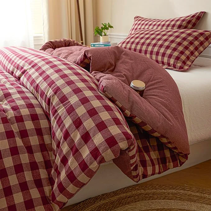 Smart Cyusri Cotton Plaid Queen Comforter Set – Soft Lightweight Bedding 3 Pieces Dyed Bed Set with 2 Pillow Shams Reversible All Season Farmhouse Down Queen Size 90 quot x90 quot Retro Red Exceptional