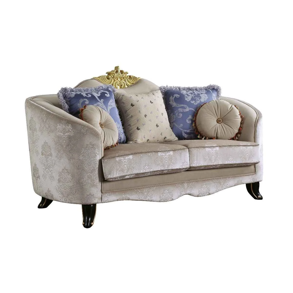 Exclusive Sheridan – Loveseat With 5 Pillows – Cream Fabric Traditional
