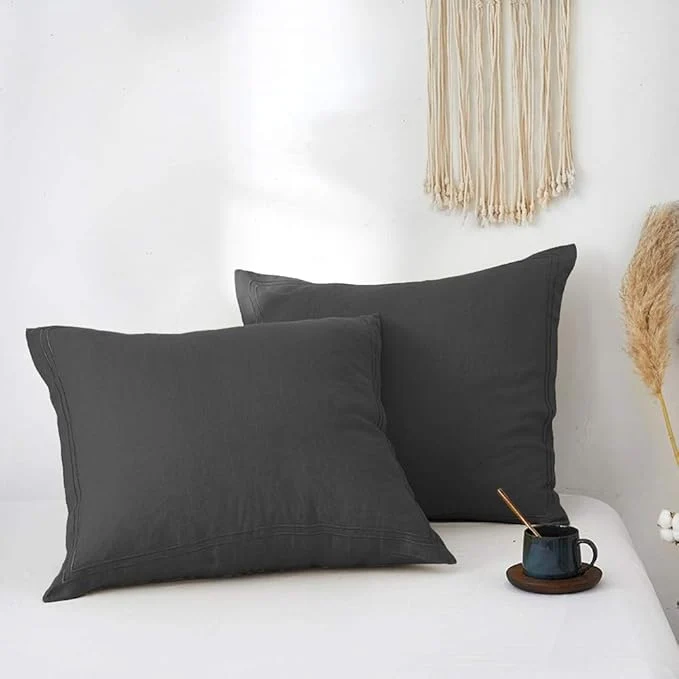 Fast Simple amp Opulence French Linen Euro Shams with Embroidery 26 39 39 x 26 39 39 – Pack of 2 – Pre Washed Solid Color Natural Flax Soft Breathable – Dark Grey Enhanced