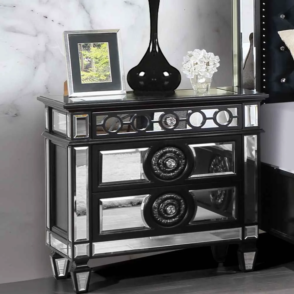Refined Varian II – Nightstand – Mirrored Black amp Sliver Excellent