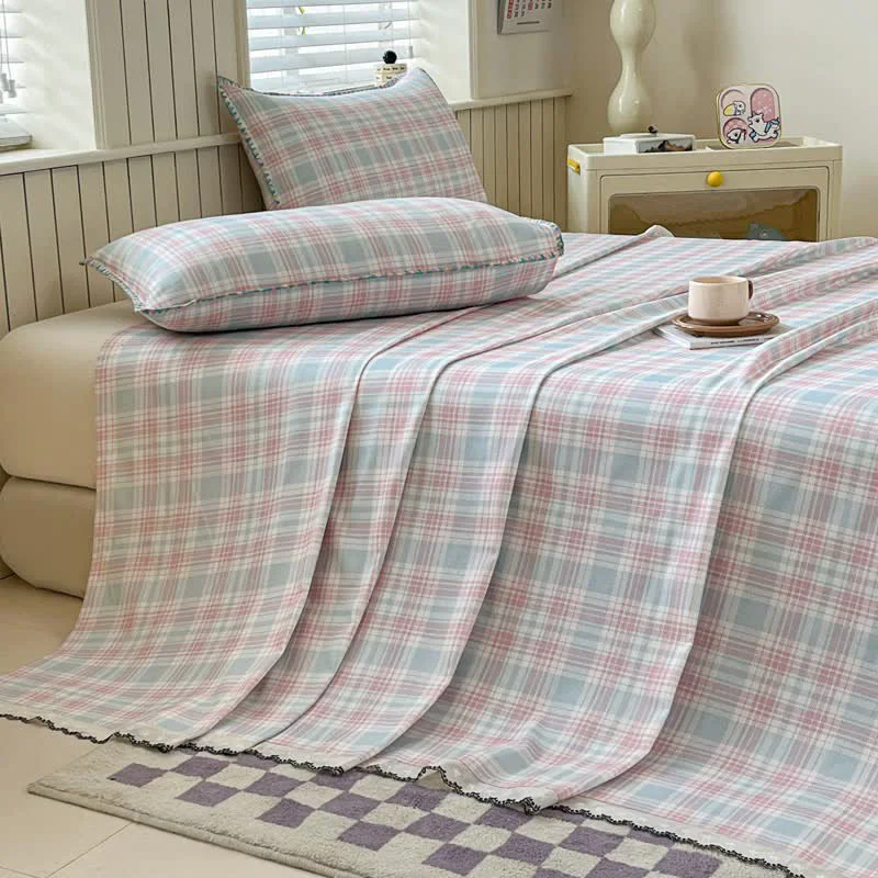 Specialty Ownkoti Pastel Plaid Cotton Bedspread with Lace Trim Carefully Designed