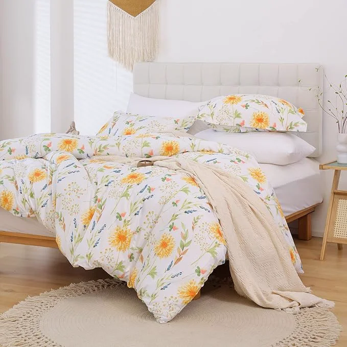 Elegant JSD Yellow Floral Duvet Cover Set King Size 3 Piece Spring Printed Microfiber Comforter Covers Zipper Closure Fashionable