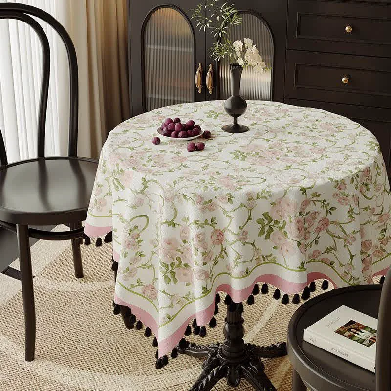 Environmentally Friendly Ownkoti Pink Floral Vine Print Tassel Tablecloth Solid