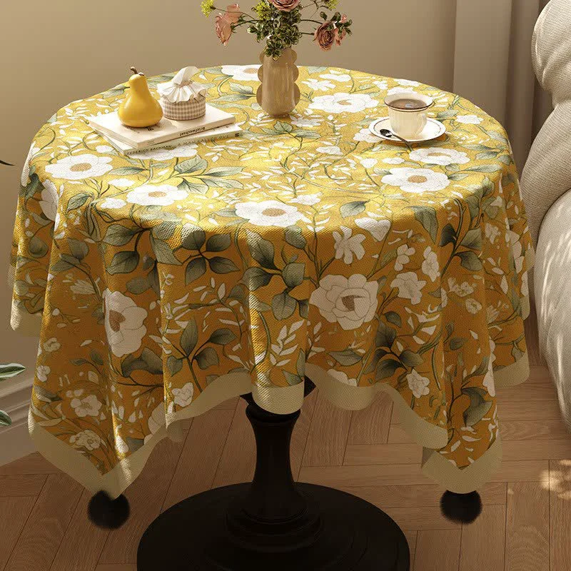 Sophisticated Ownkoti Camellia Floral Pom-Pom Trimmed Tablecloth Minimalist