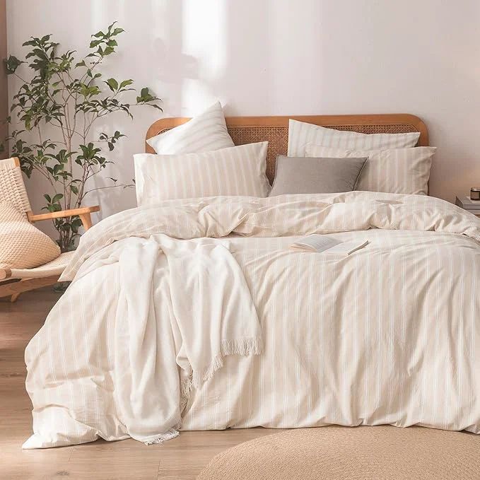 Green OUCH Duvet Cover Set Washed Cotton Linen Feel Super Soft Comfortable Chic Lightweight 3 PCs Home Bedding Set Almond Grey amp White Stripes King Outstanding