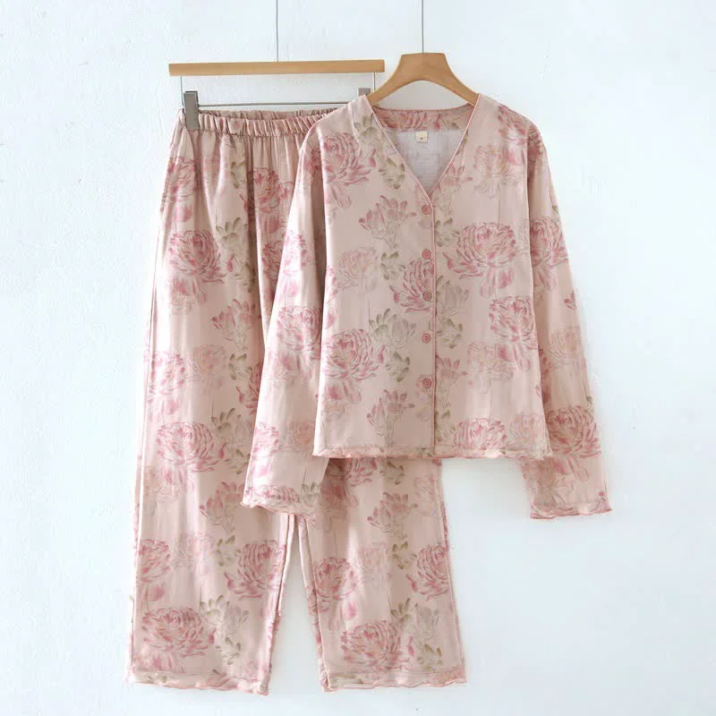 Detailed Ownkoti Pink Peony Floral Cotton Gauze Pajamas Crafted